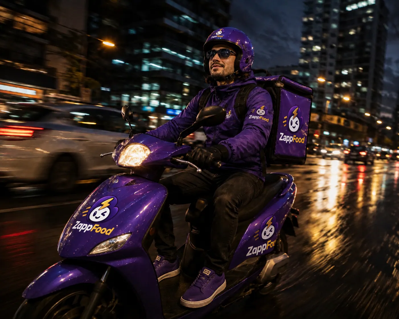 Rider de ZappFood circulando de noche por la ciudad