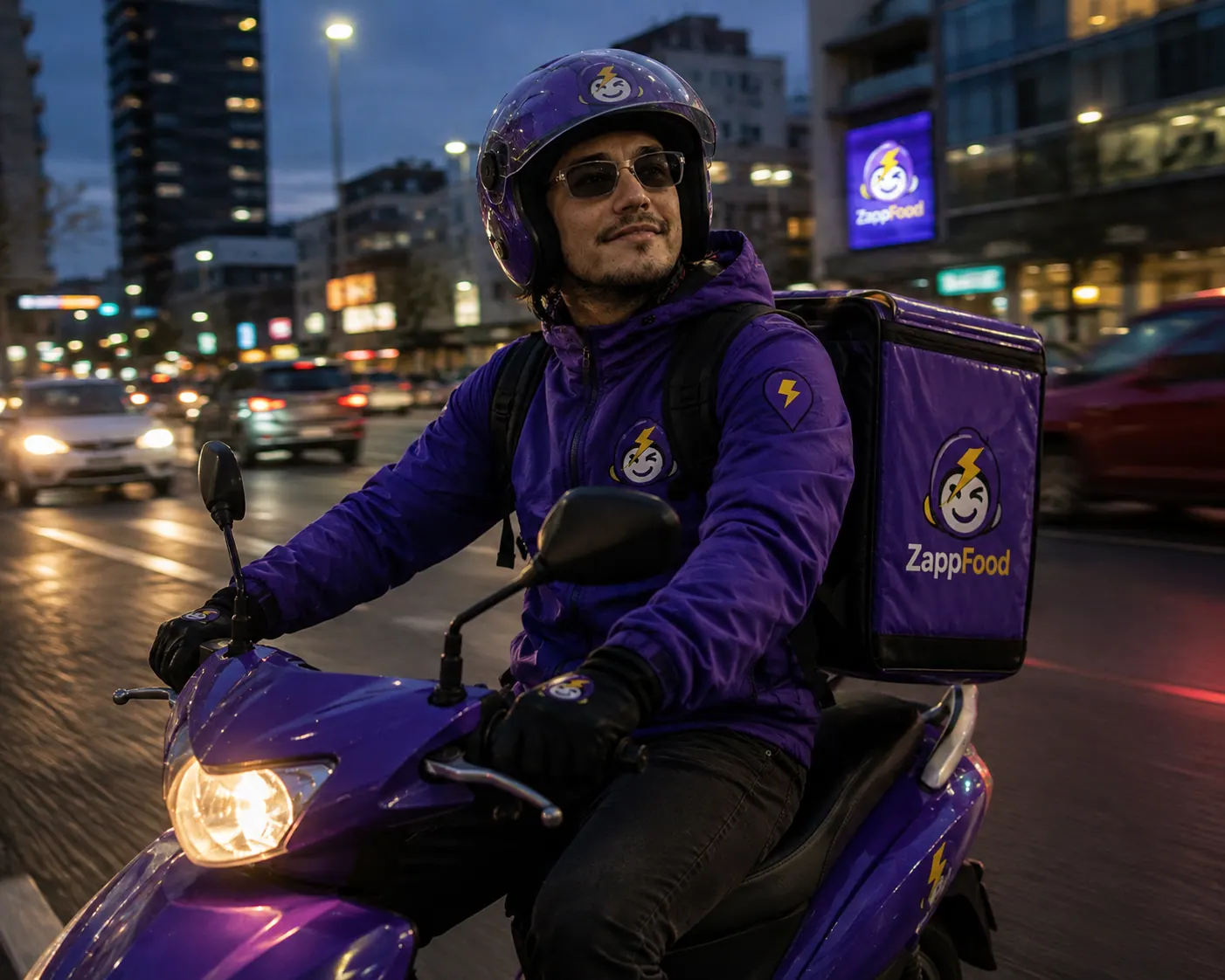 Rider de ZappFood en su moto por la ciudad al anochecer